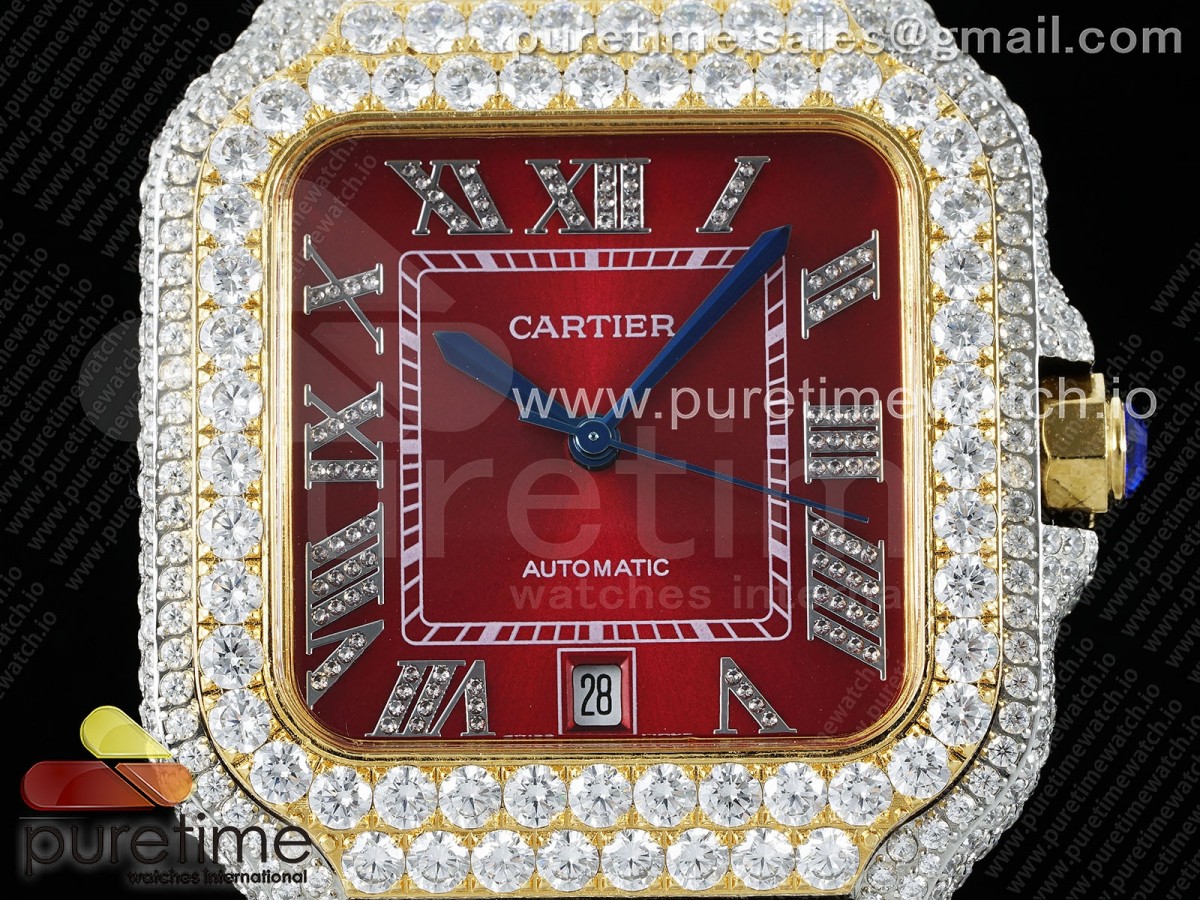 Santos 40mm Full Diamonds SS/YG TWF Red Roman Dial on Bracelet MIYOTA 9015