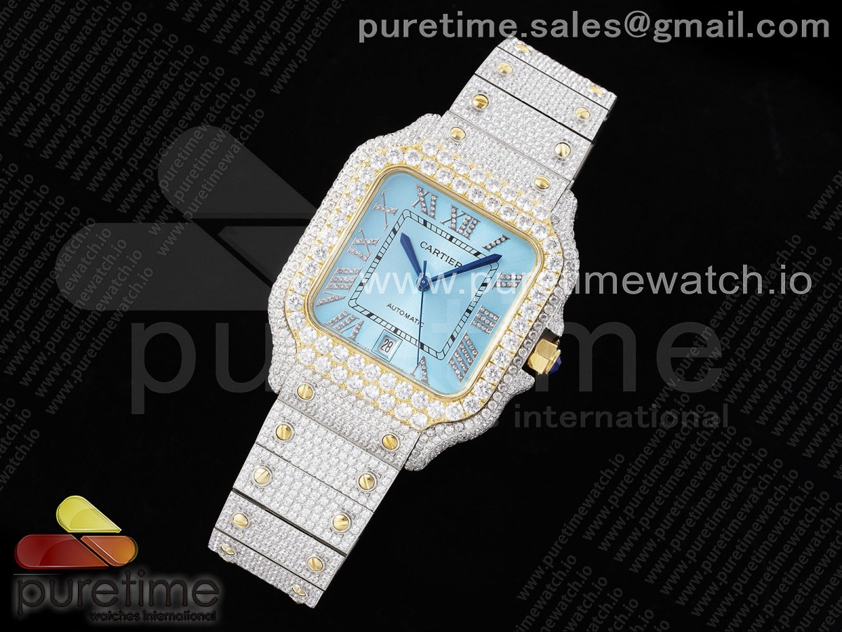 Santos 40mm Full Diamonds SS/YG TWF Blue Roman Dial on Bracelet MIYOTA 9015