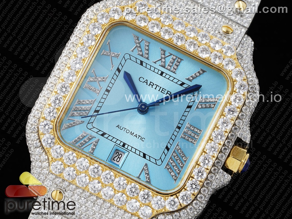 Santos 40mm Full Diamonds SS/YG TWF Blue Roman Dial on Bracelet MIYOTA 9015