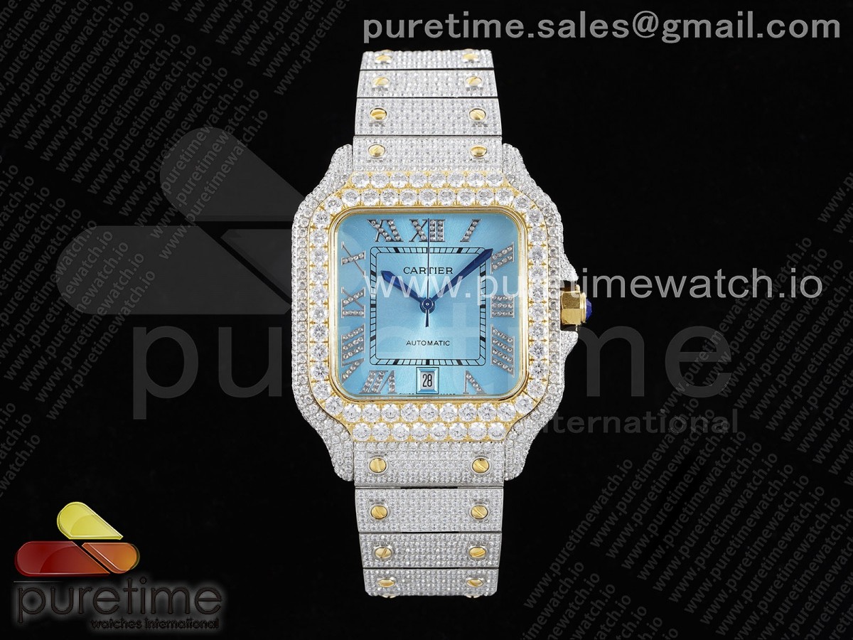 Santos 40mm Full Diamonds SS/YG TWF Blue Roman Dial on Bracelet MIYOTA 9015