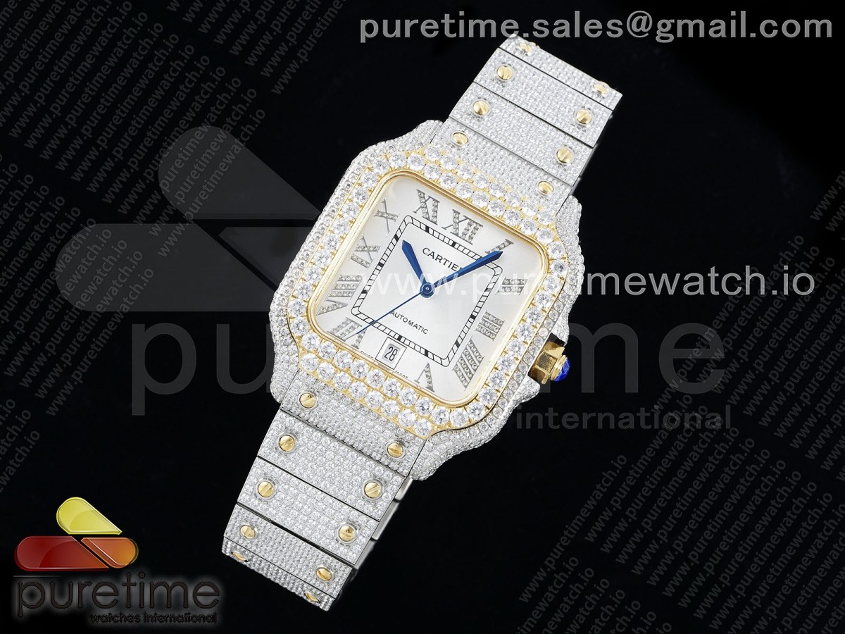 Santos 40mm Full Diamonds SS/YG TWF Silver Roman Dial on Bracelet MIYOTA 9015