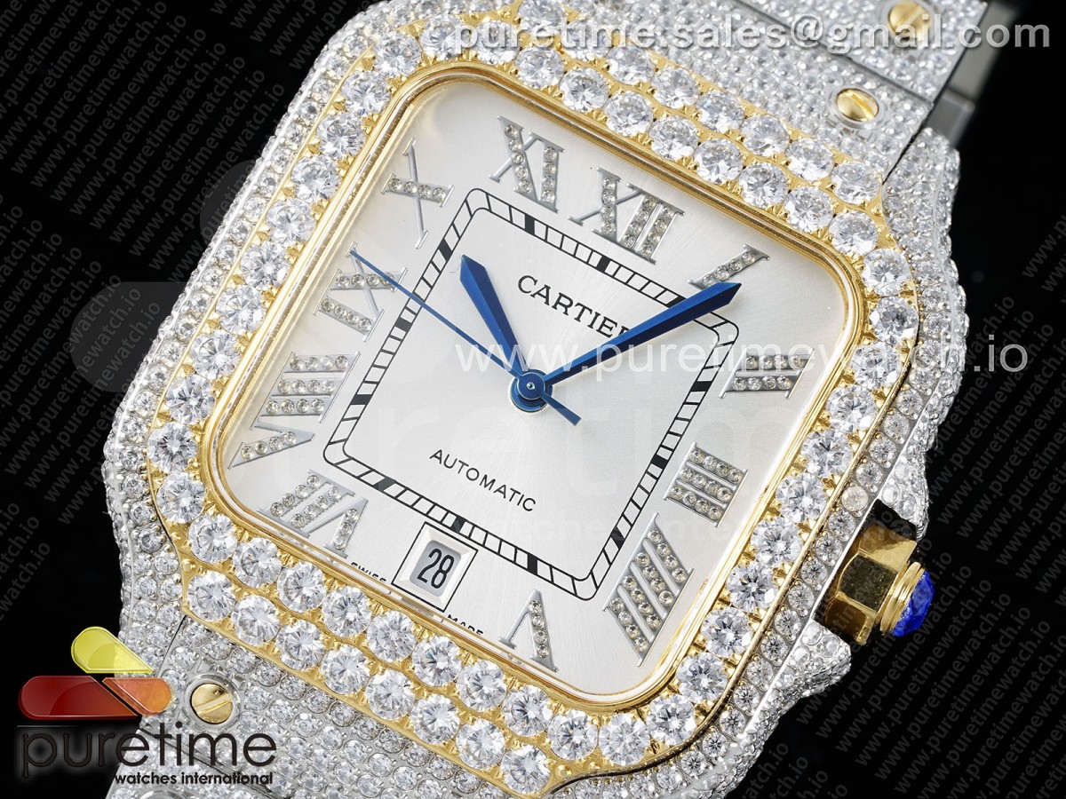 Santos 40mm Full Diamonds SS/YG TWF Silver Roman Dial on Bracelet MIYOTA 9015