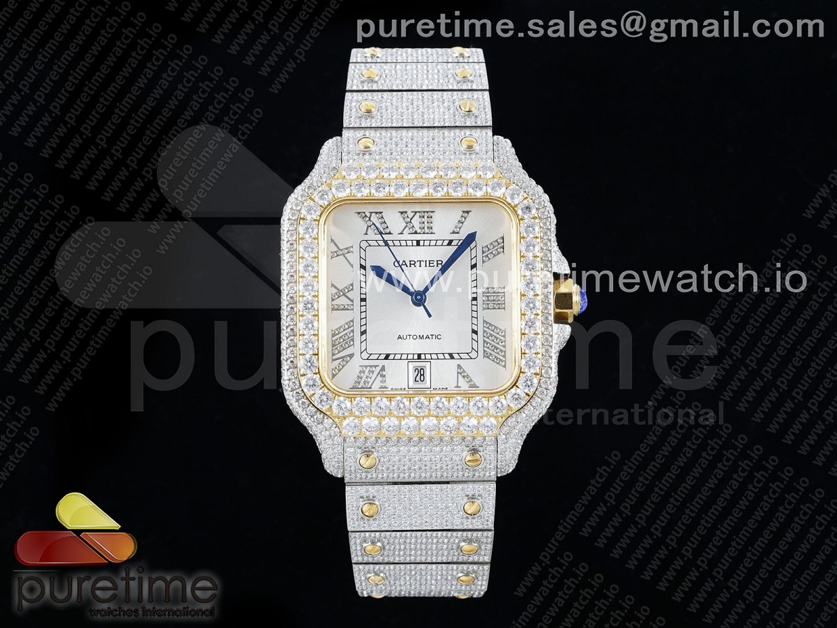 Santos 40mm Full Diamonds SS/YG TWF Silver Roman Dial on Bracelet MIYOTA 9015