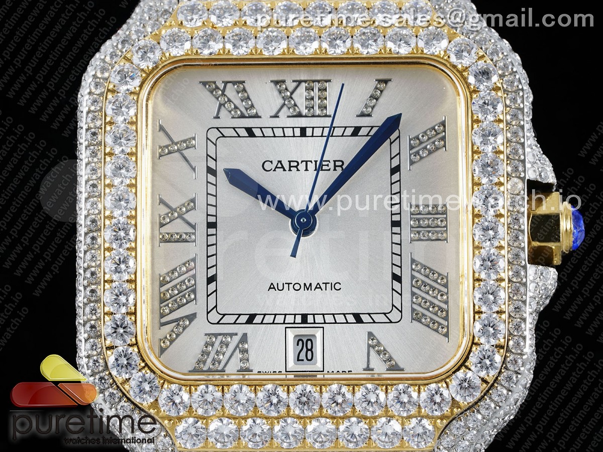 Santos 40mm Full Diamonds SS/YG TWF Silver Roman Dial on Bracelet MIYOTA 9015