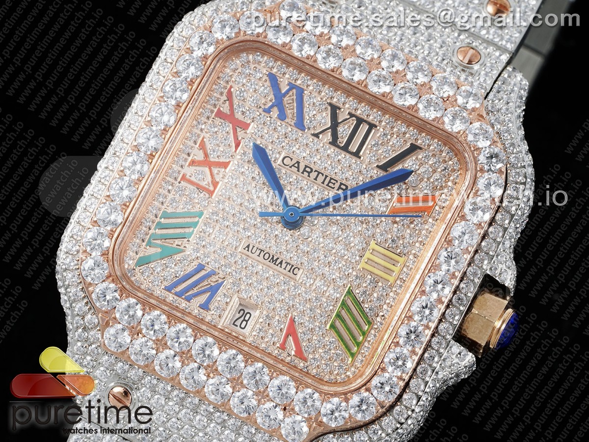 Santos 40mm Full Diamonds SS/RG TWF RG Diamonds Colorful Roman Dial on Bracelet MIYOTA 9015