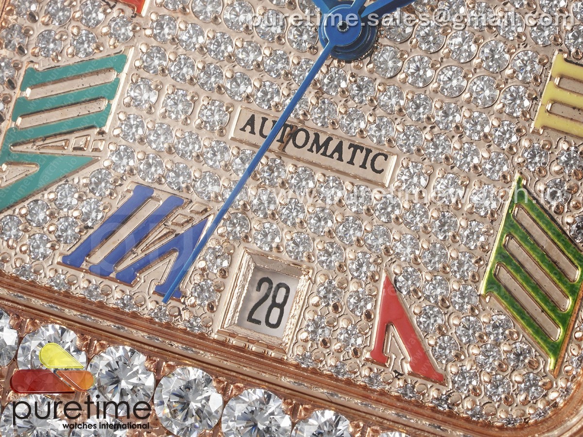 Santos 40mm Full Diamonds SS/RG TWF RG Diamonds Colorful Roman Dial on Bracelet MIYOTA 9015
