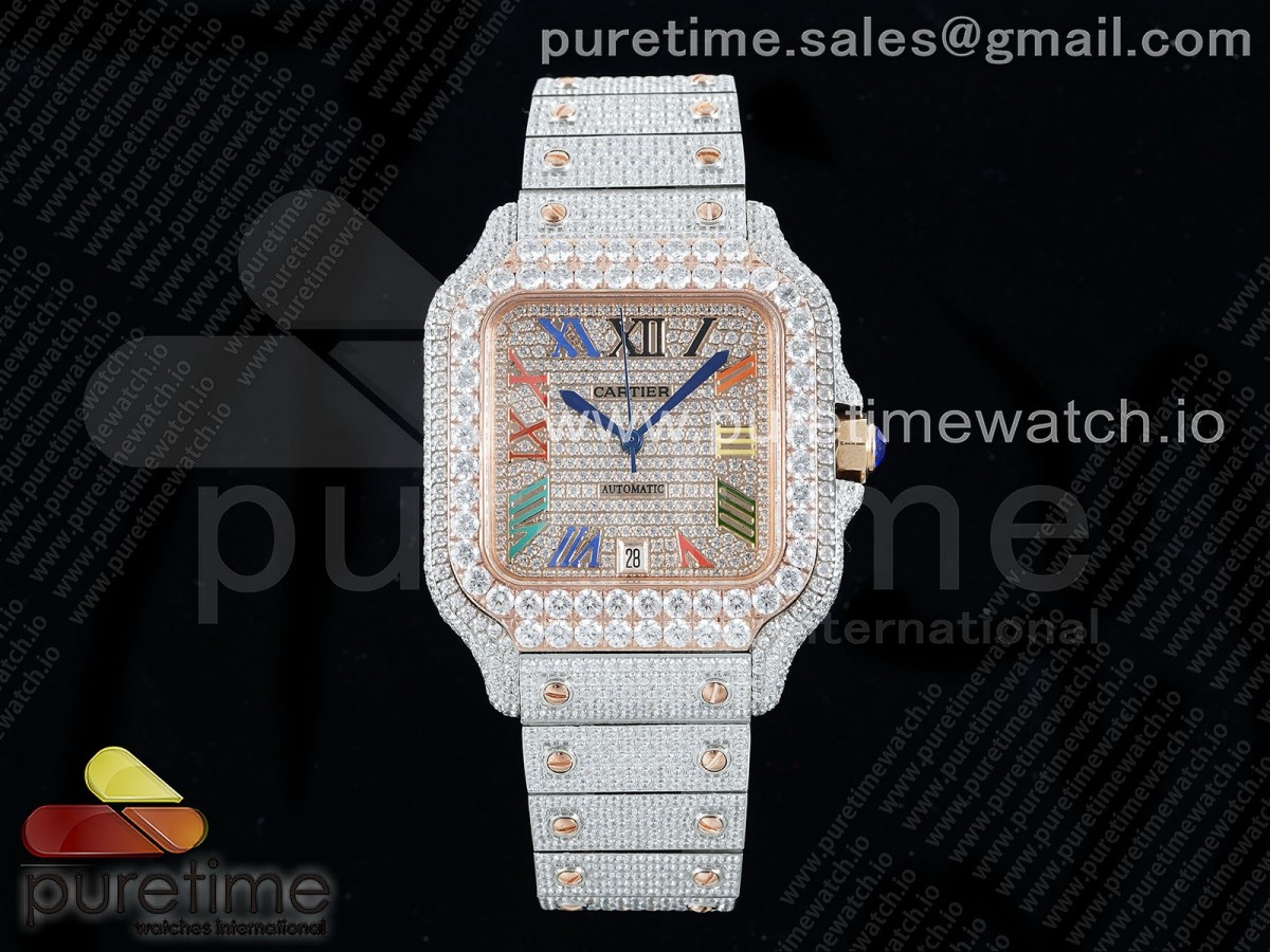 Santos 40mm Full Diamonds SS/RG TWF RG Diamonds Colorful Roman Dial on Bracelet MIYOTA 9015