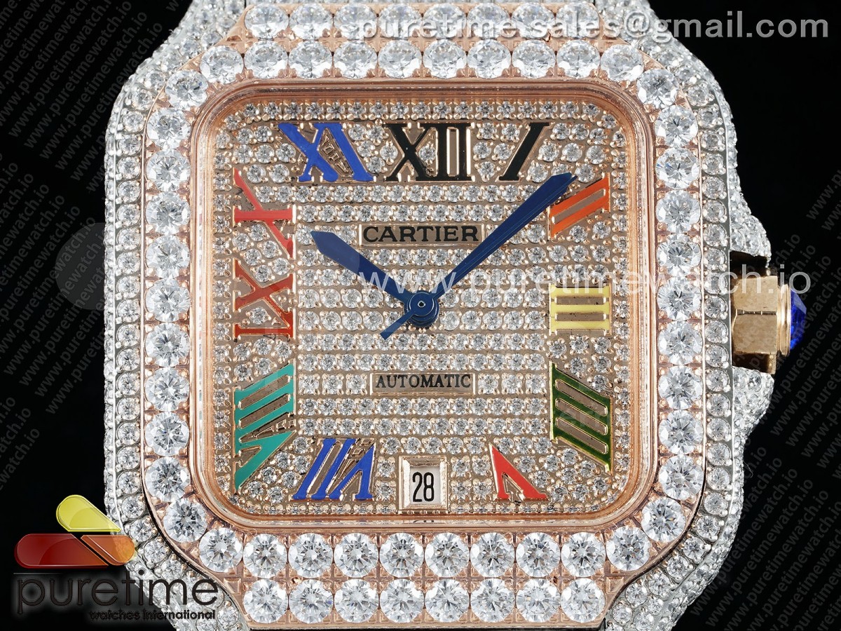 Santos 40mm Full Diamonds SS/RG TWF RG Diamonds Colorful Roman Dial on Bracelet MIYOTA 9015