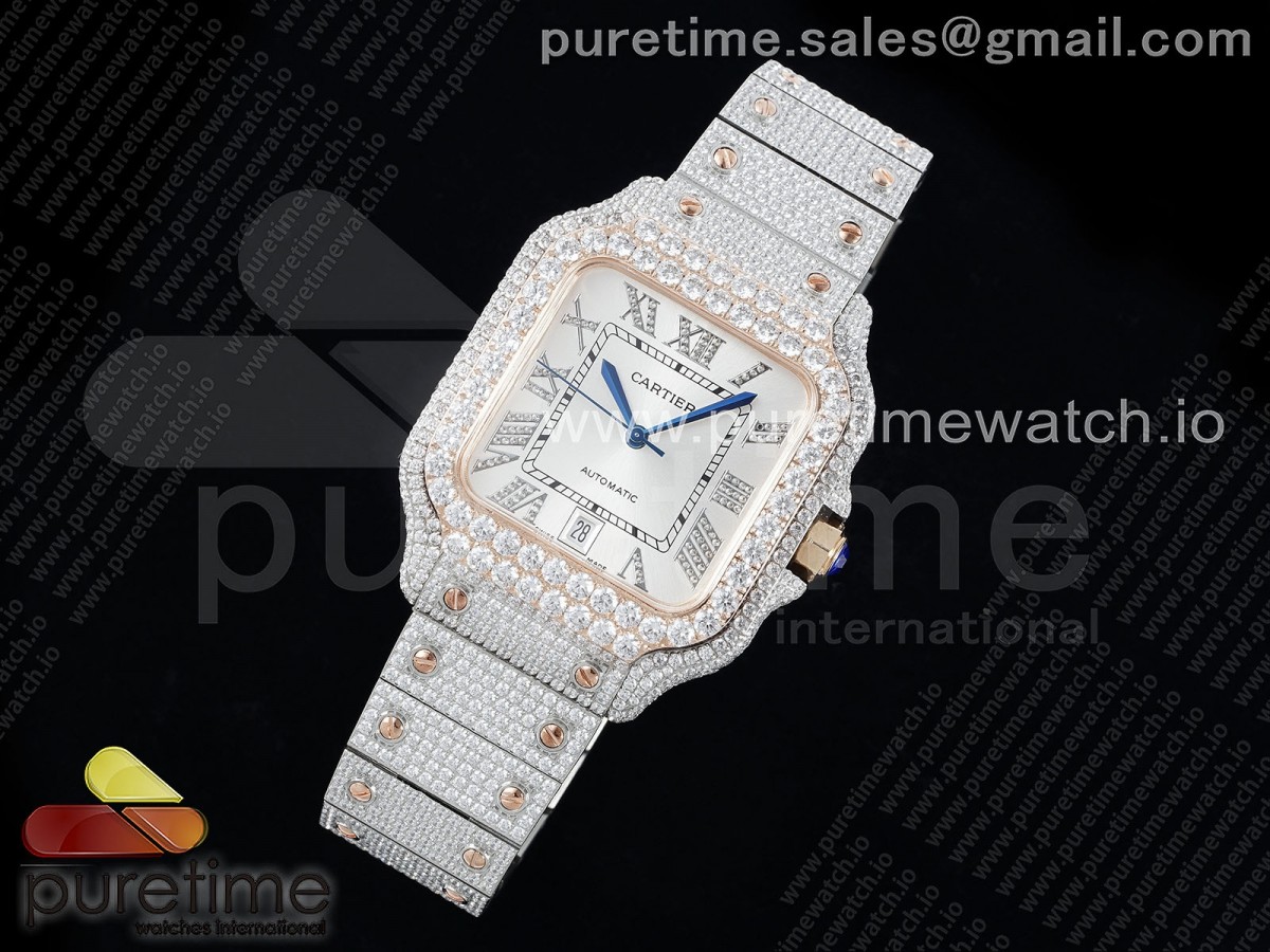 Santos 40mm Full Diamonds SS/RG TWF Silver Roman Dial on Bracelet MIYOTA 9015