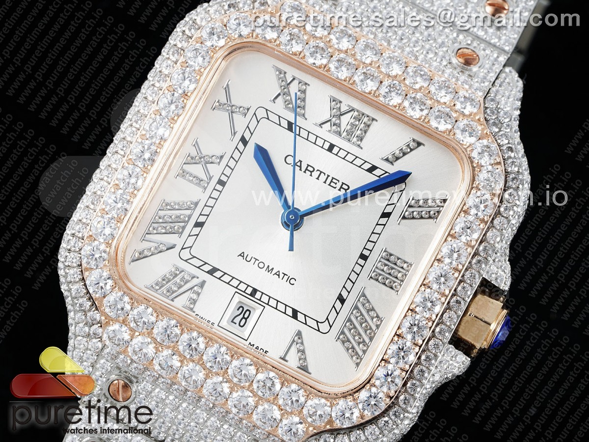 Santos 40mm Full Diamonds SS/RG TWF Silver Roman Dial on Bracelet MIYOTA 9015