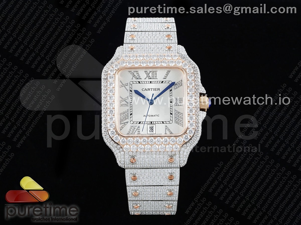 Santos 40mm Full Diamonds SS/RG TWF Silver Roman Dial on Bracelet MIYOTA 9015