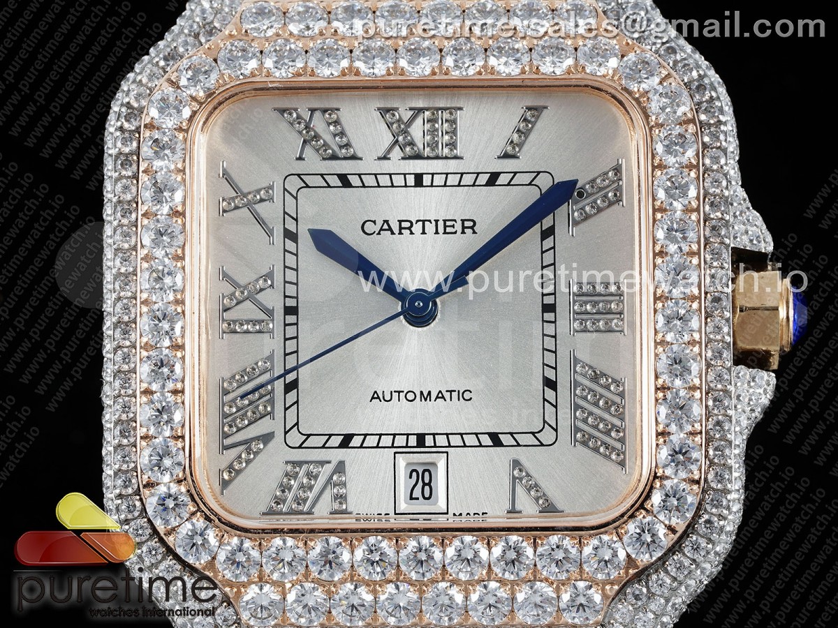 Santos 40mm Full Diamonds SS/RG TWF Silver Roman Dial on Bracelet MIYOTA 9015