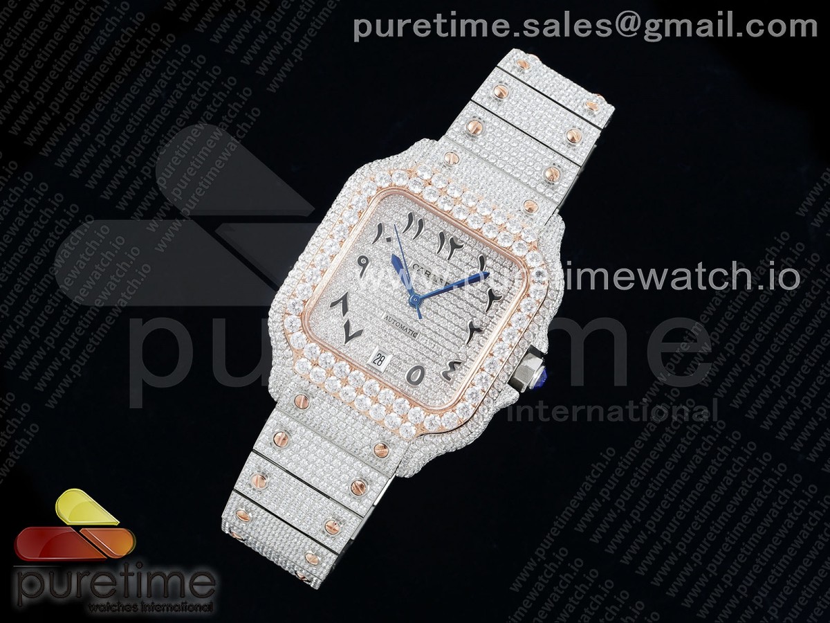 Santos 40mm Full Diamonds SS/RG TWF SS Diamonds Arabic Dial on Bracelet MIYOTA 9015