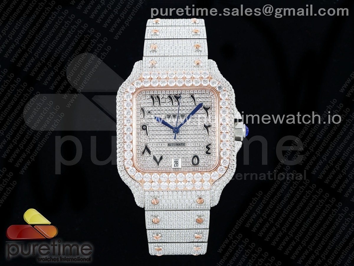Santos 40mm Full Diamonds SS/RG TWF SS Diamonds Arabic Dial on Bracelet MIYOTA 9015
