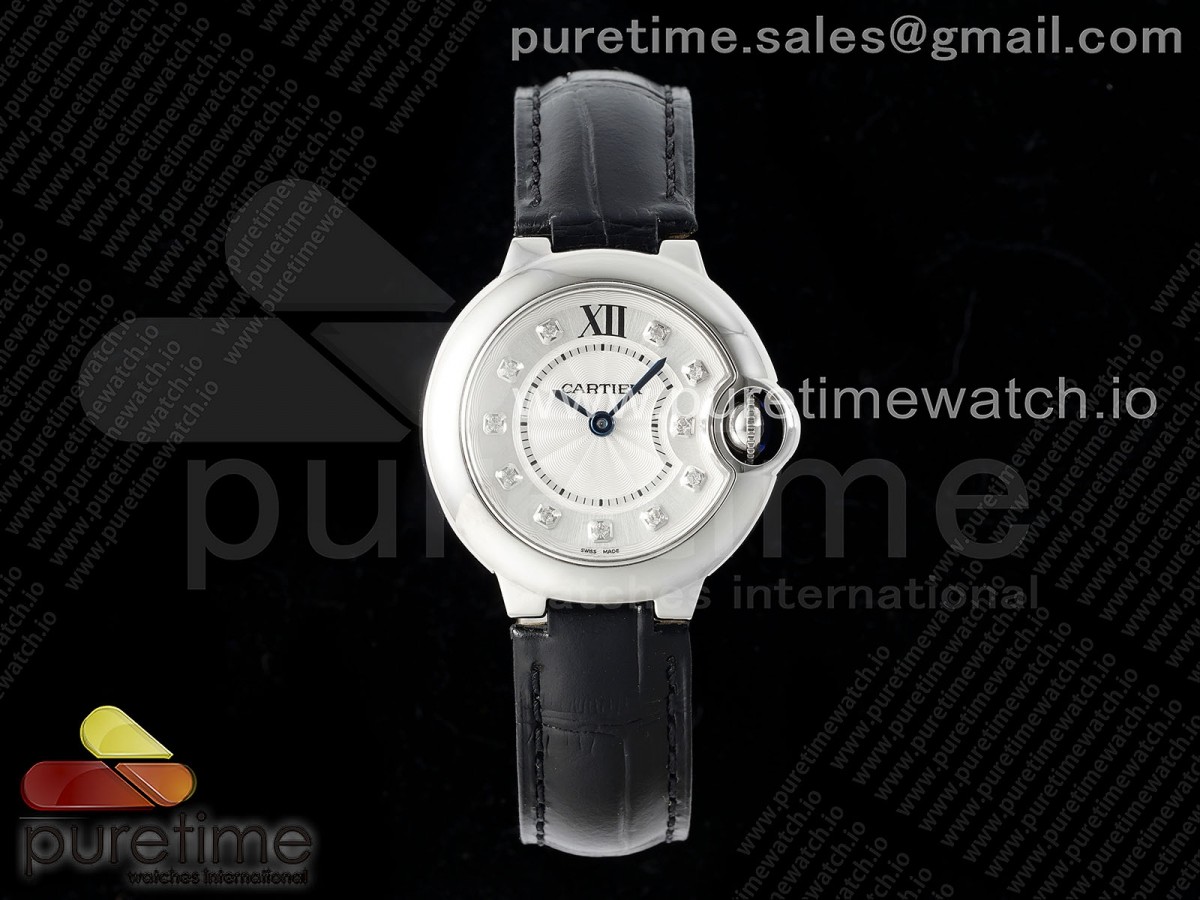 Ballon Bleu Ladies 28mm SS AF White Diamonds Dial on Black Leather Strap Ronda Quartz