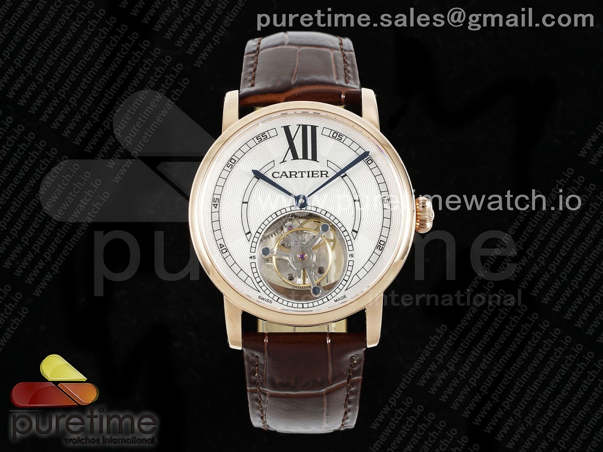 Rotonde de Cartier Flying Tourbillon RG RMS White Numeral Dial on Brown Leather Strap