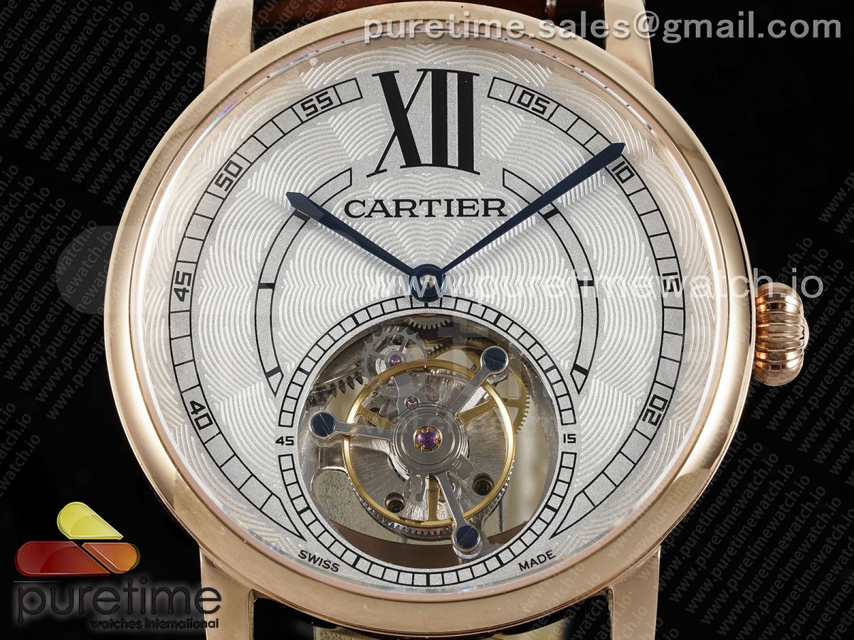 Rotonde de Cartier Flying Tourbillon RG RMS White Numeral Dial on Brown Leather Strap