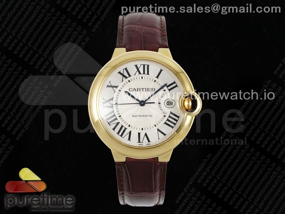 Ballon Bleu 42mm YG AF White Texture Dial on Brown Leather Strap A2824 V5