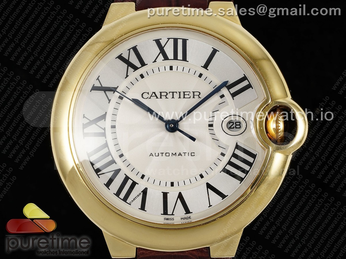 Ballon Bleu 42mm YG AF White Texture Dial on Brown Leather Strap A2824 V5
