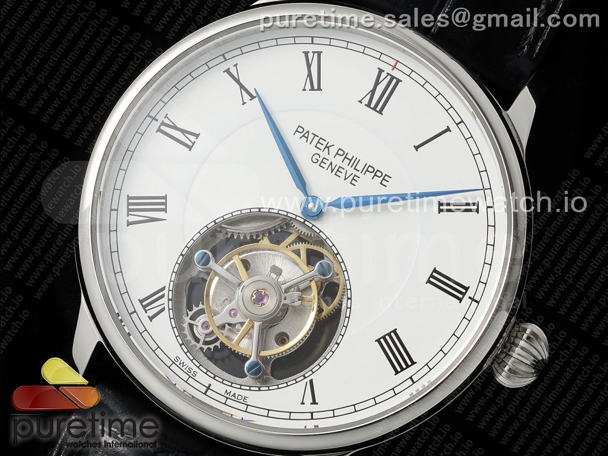 PP Tourbillon SS RMSF Edition White Dial Roman Markers on Black Leather Strap