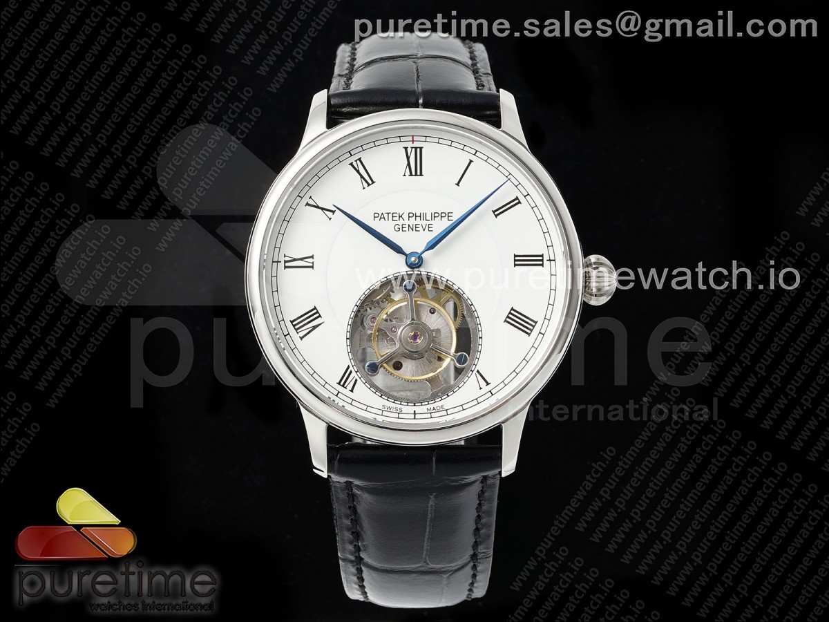 PP Tourbillon SS RMSF Edition White Dial Roman Markers on Black Leather Strap