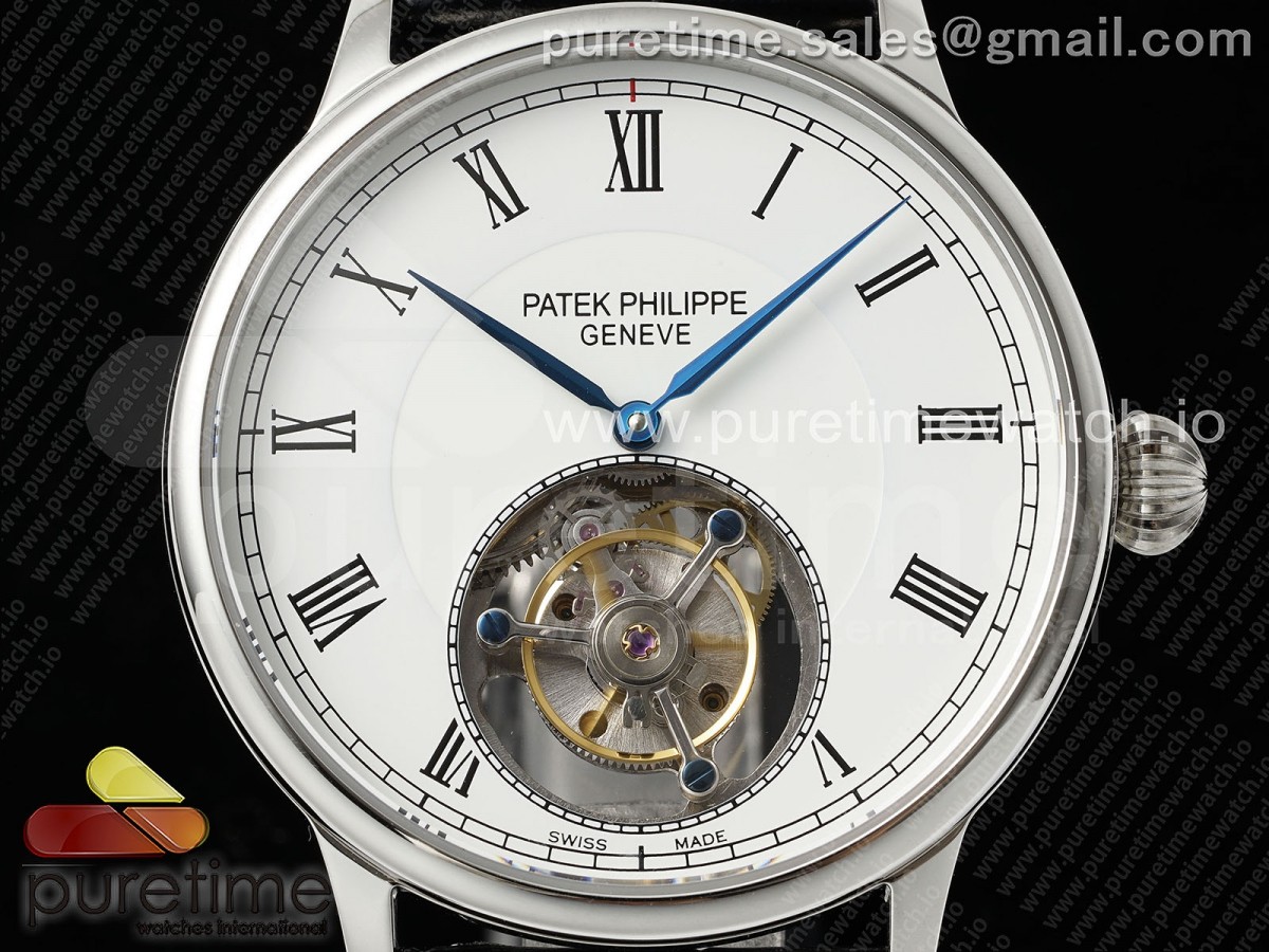 PP Tourbillon SS RMSF Edition White Dial Roman Markers on Black Leather Strap