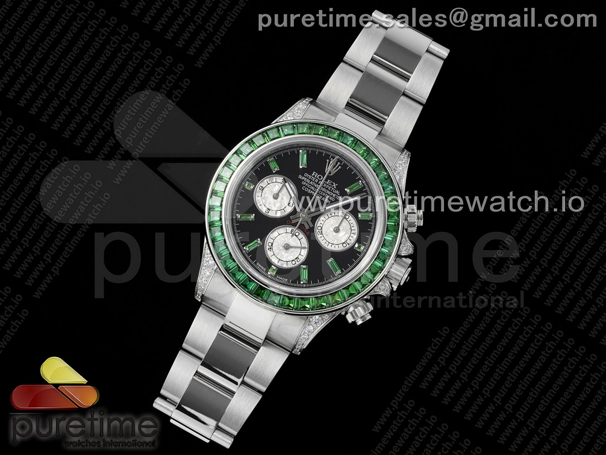 Daytona SS Green Diamonds EF Black/Silver Dial on SS Bracelet A7750