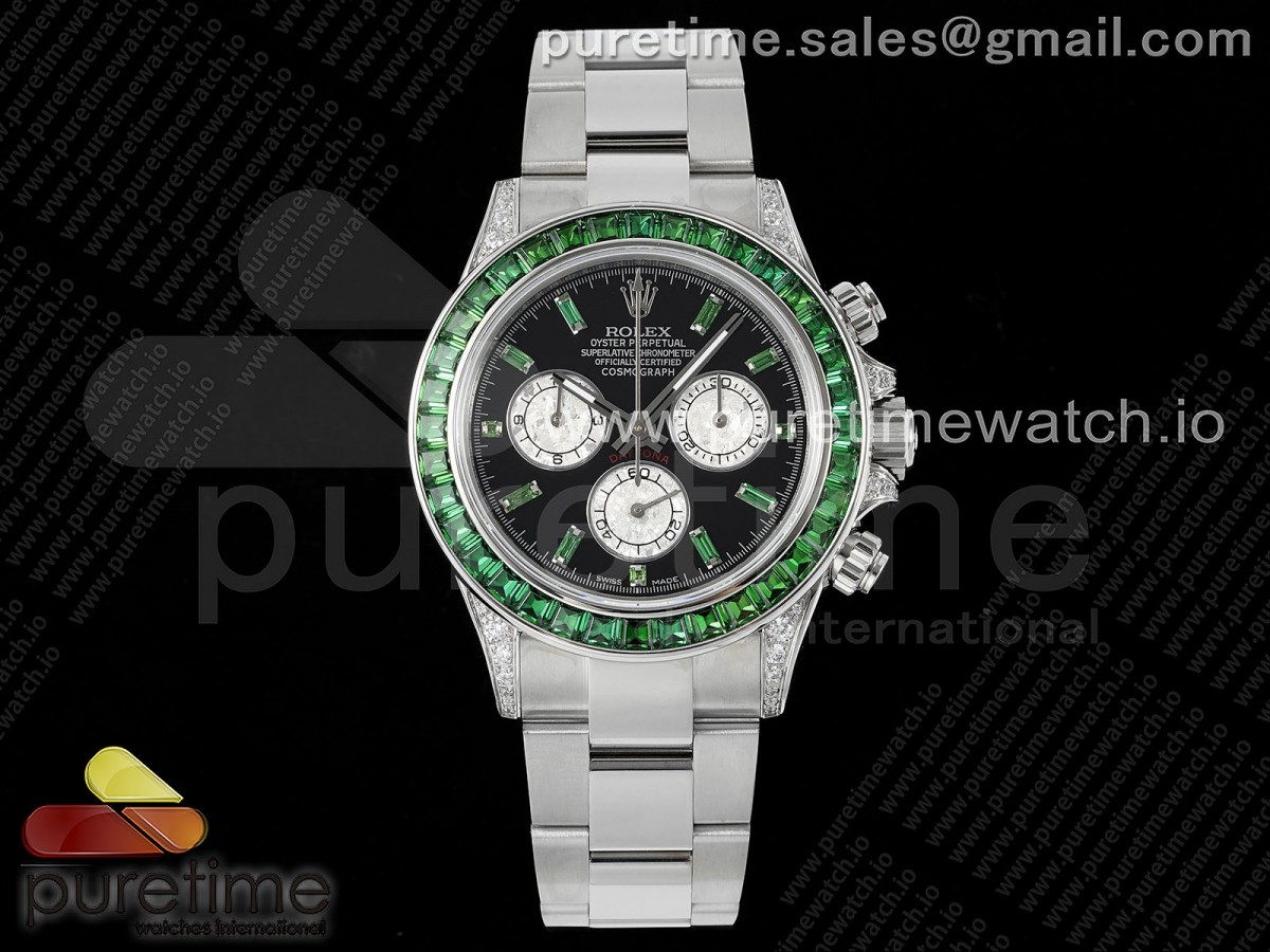 Daytona SS Green Diamonds EF Black/Silver Dial on SS Bracelet A7750