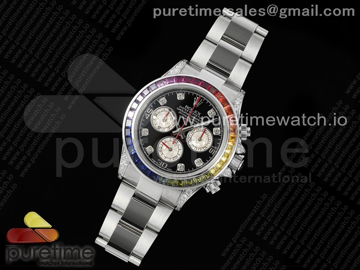 Daytona SS Rainbow EF Black/Silver Diamonds Dial on SS Bracelet A7750