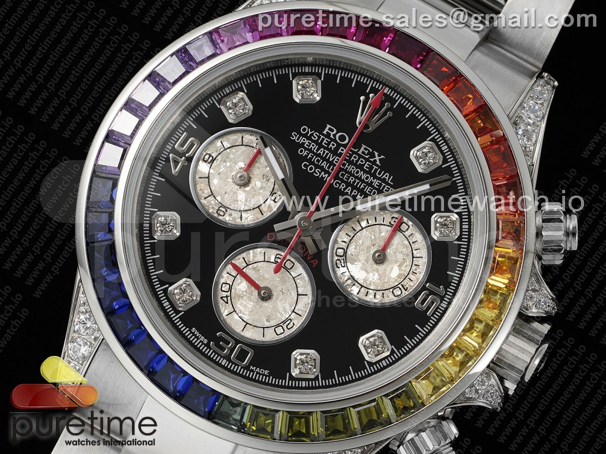 Daytona SS Rainbow EF Black/Silver Diamonds Dial on SS Bracelet A7750