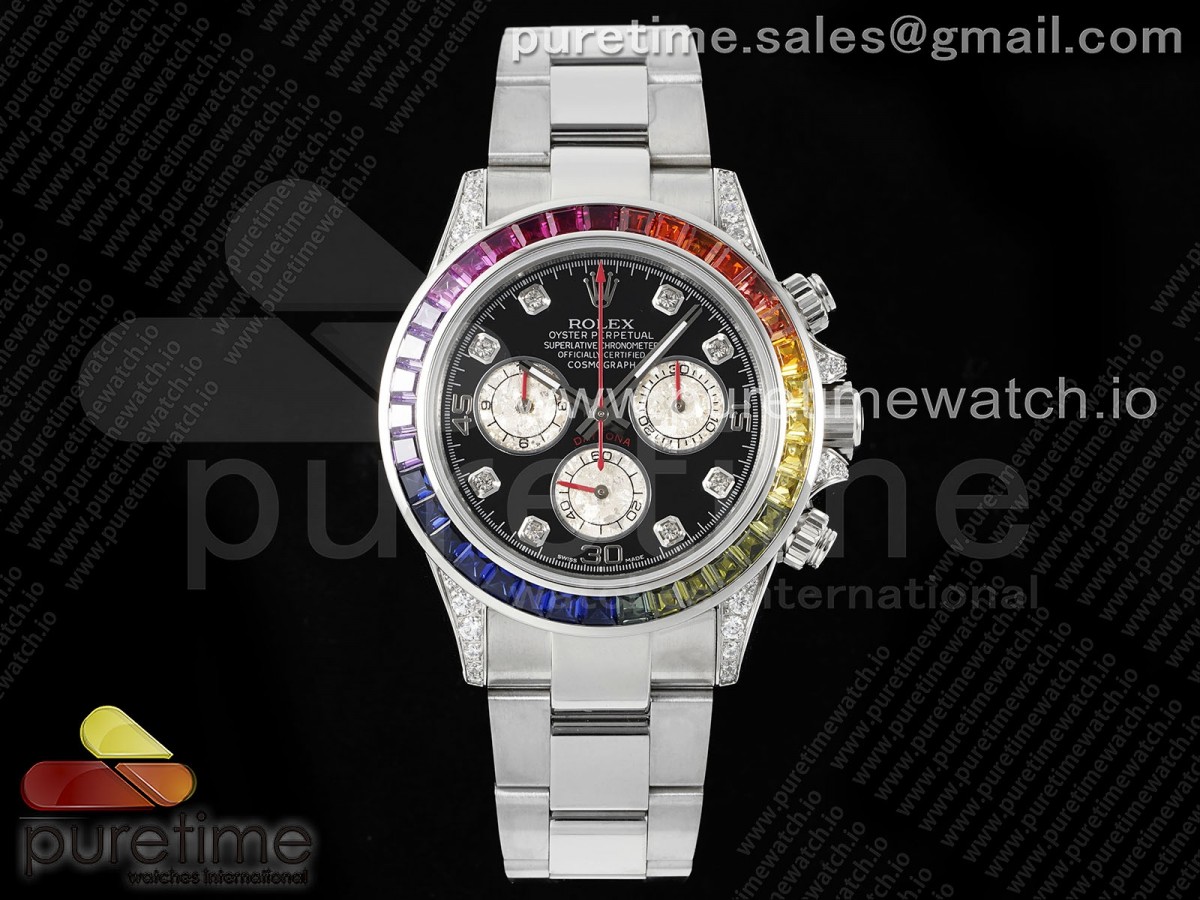 Daytona SS Rainbow EF Black/Silver Diamonds Dial on SS Bracelet A7750