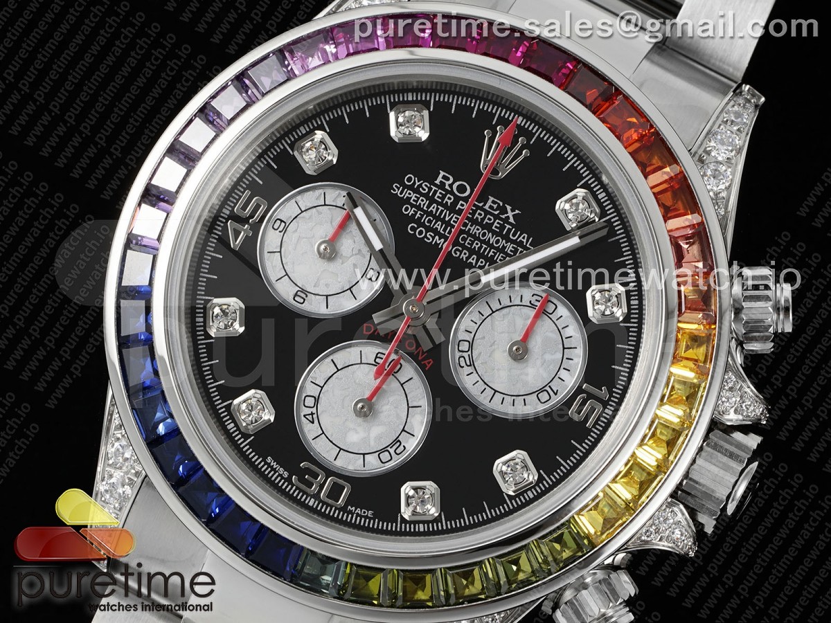 Daytona SS Rainbow EF Black/White Diamonds Dial on SS Bracelet A7750