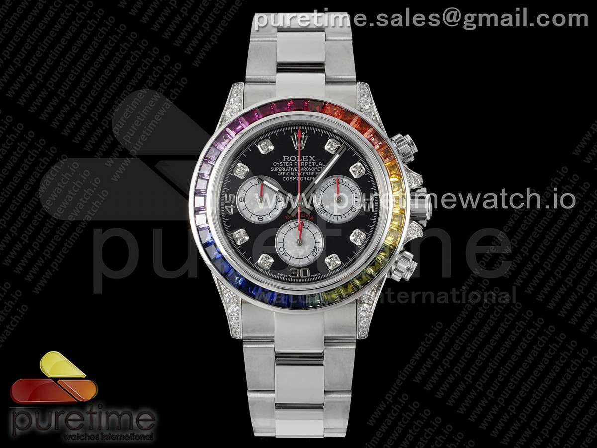 Daytona SS Rainbow EF Black/White Diamonds Dial on SS Bracelet A7750