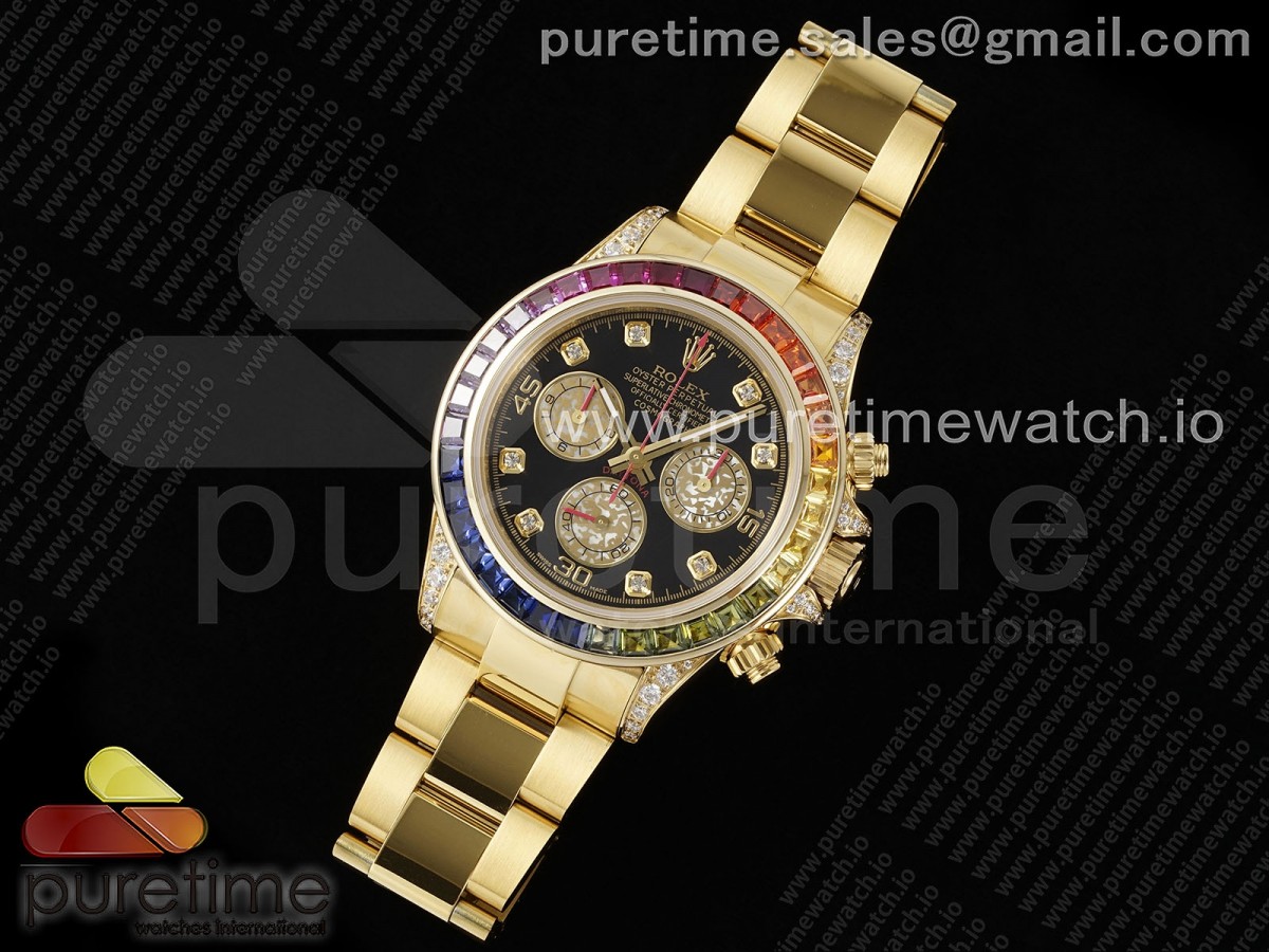 Daytona YG Rainbow EF Black/YG Diamonds Dial Style 2 on YG Bracelet A7750