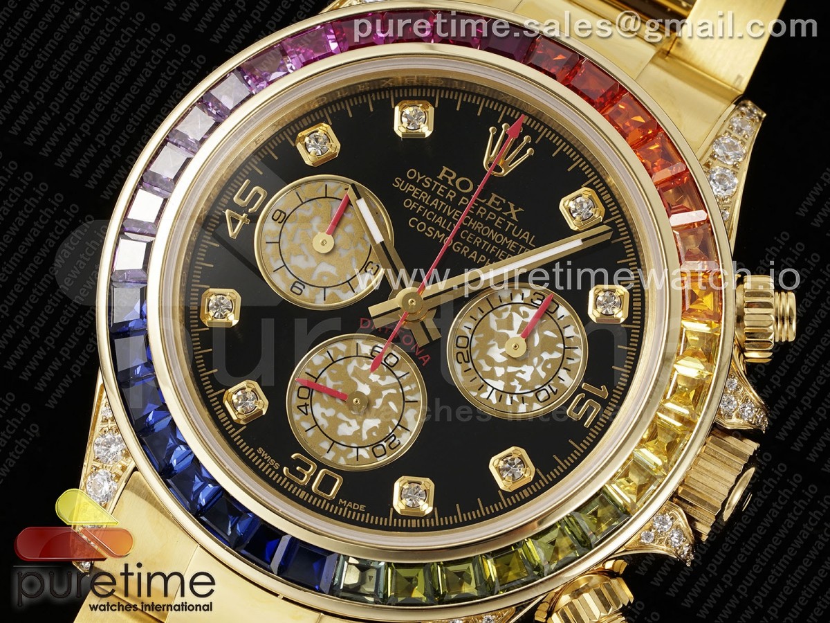 Daytona YG Rainbow EF Black/YG Diamonds Dial Style 2 on YG Bracelet A7750