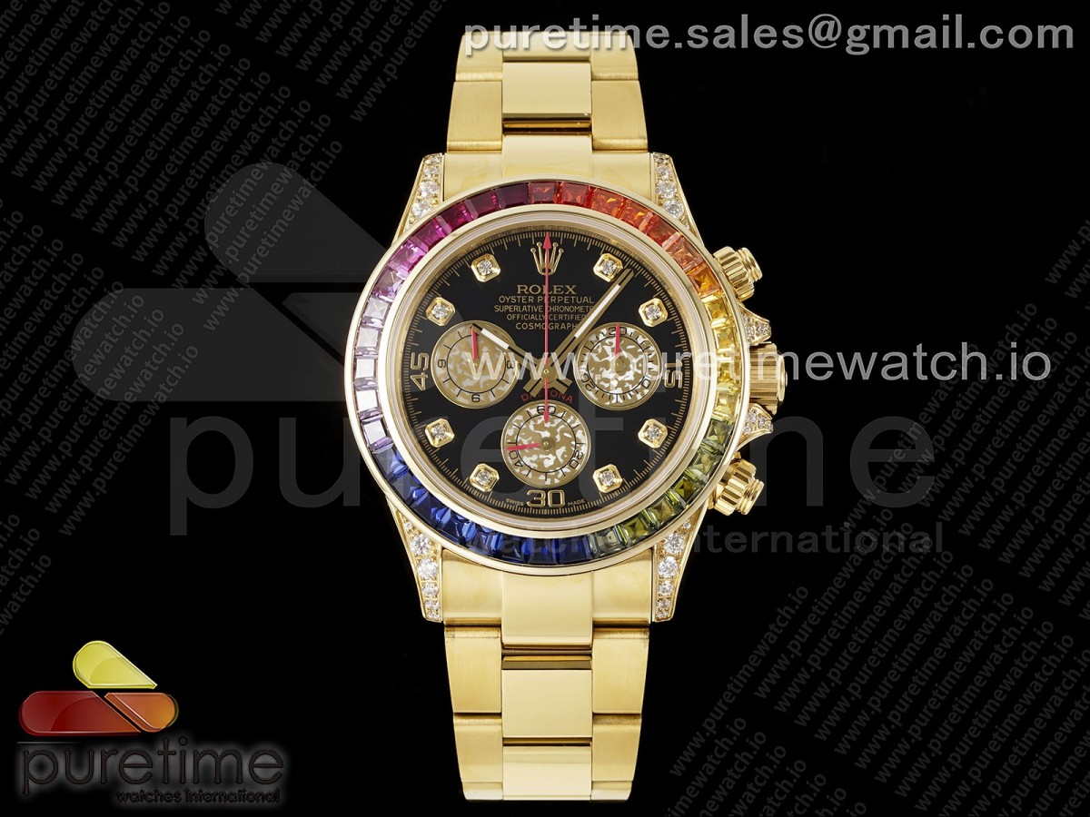 Daytona YG Rainbow EF Black/YG Diamonds Dial Style 2 on YG Bracelet A7750