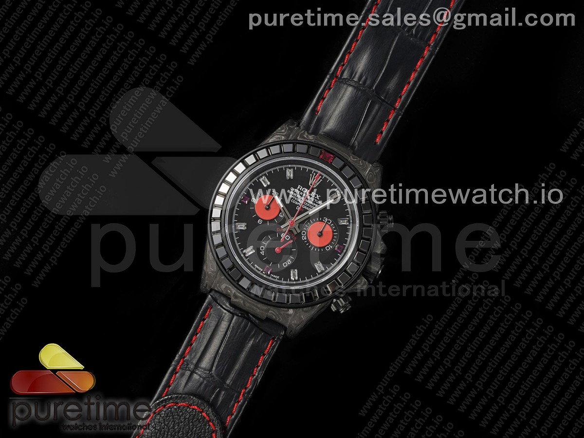 Daytona DIW Carbon EF Black/Red Dial Black Crystal Bezel on Black Leather Strap A7750