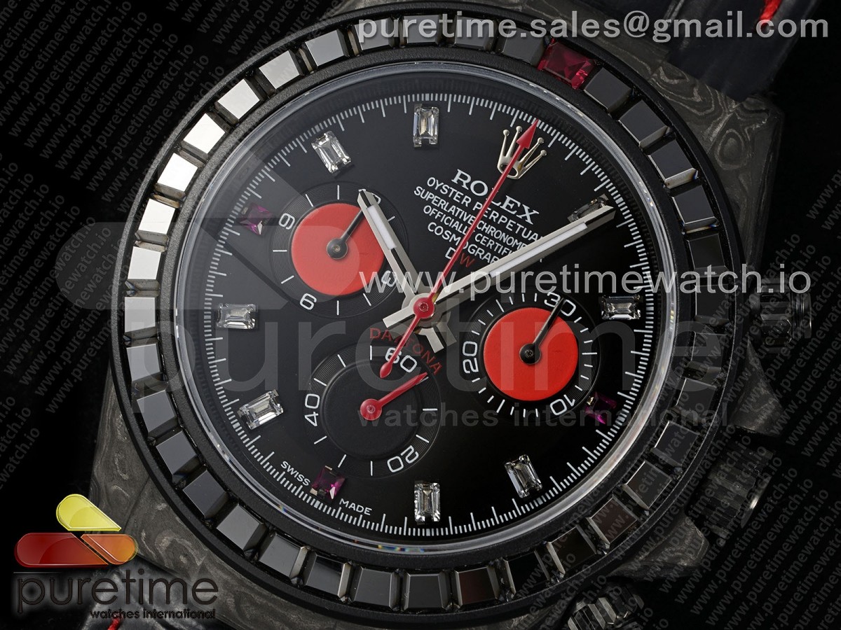 Daytona DIW Carbon EF Black/Red Dial Black Crystal Bezel on Black Leather Strap A7750
