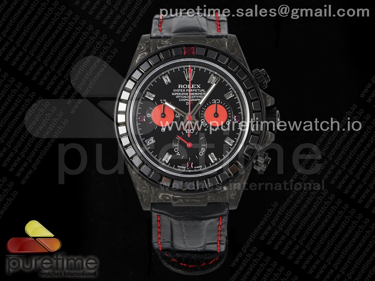 Daytona DIW Carbon EF Black/Red Dial Black Crystal Bezel on Black Leather Strap A7750
