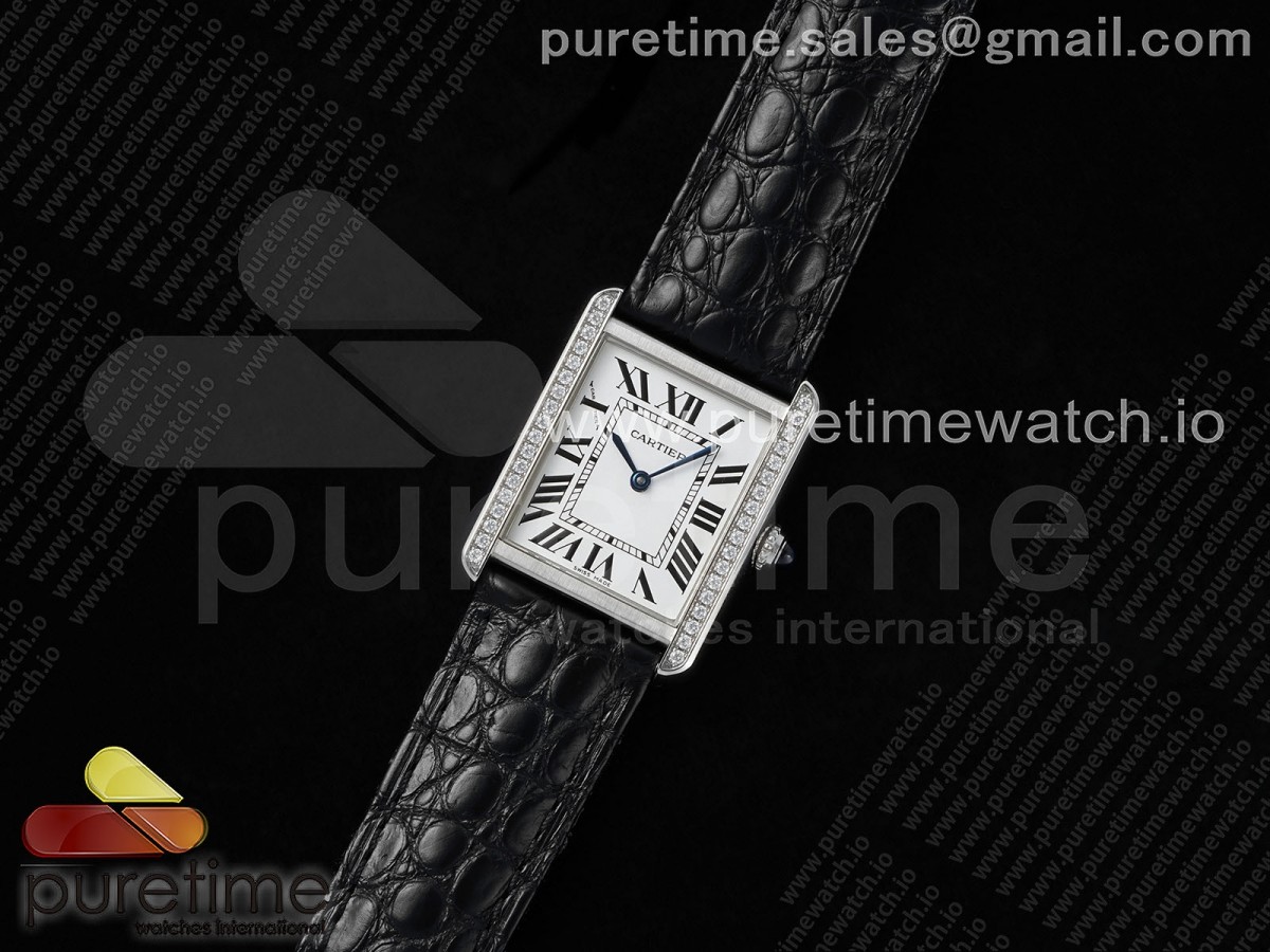 Tank Solo Ladies 25mm SS AF White Dial Diamonds Bezel on Black Croco Strap Ronda Quartz