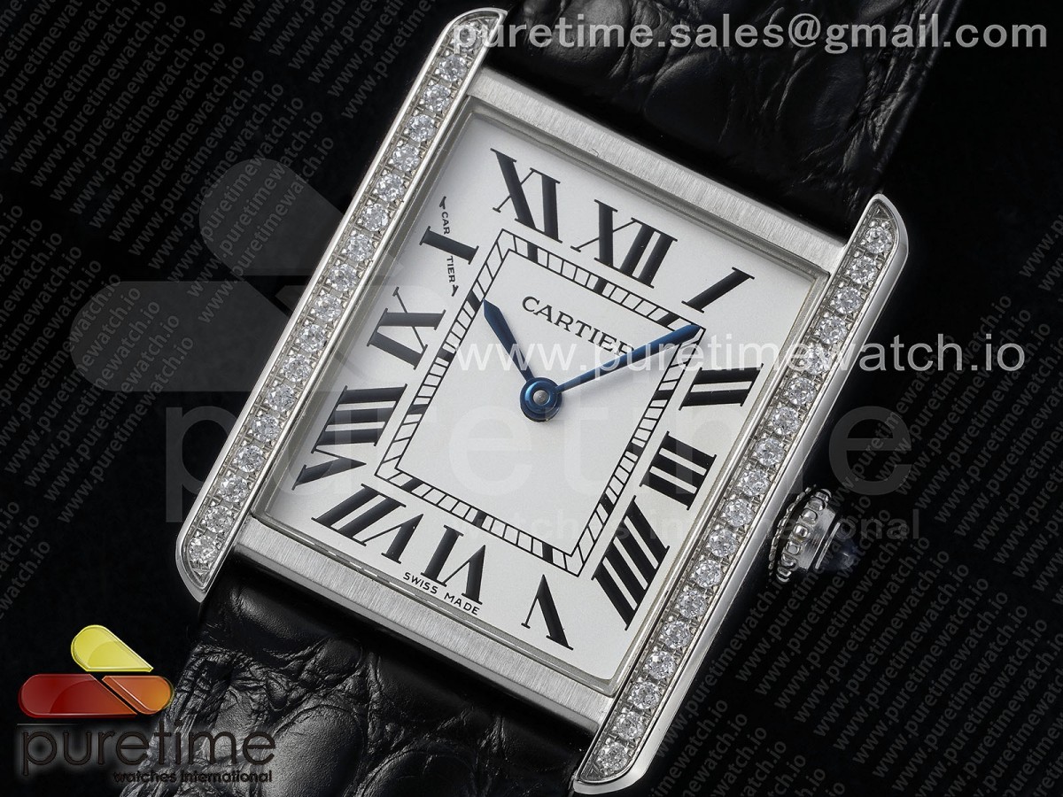 Tank Solo Ladies 25mm SS AF White Dial Diamonds Bezel on Black Croco Strap Ronda Quartz