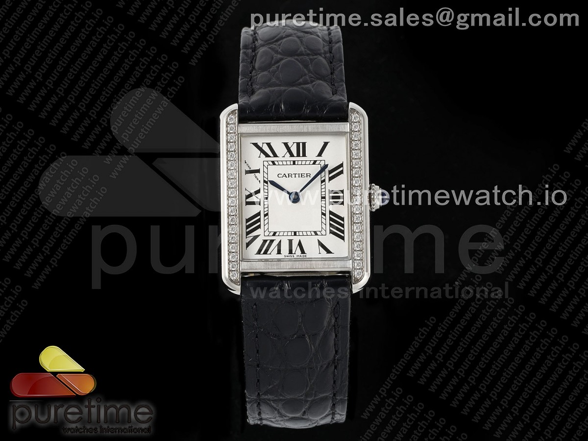 Tank Solo Ladies 25mm SS AF White Dial Diamonds Bezel on Black Croco Strap Ronda Quartz
