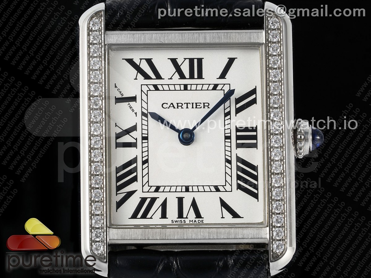 Tank Solo Ladies 25mm SS AF White Dial Diamonds Bezel on Black Croco Strap Ronda Quartz