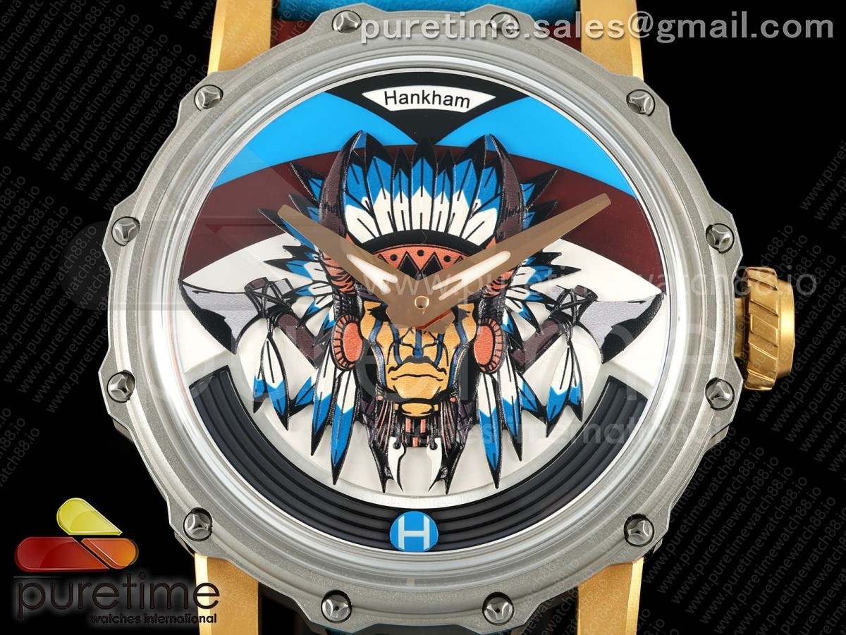 Hankham Two Tone Indians Dial on Blue Leather Strap MIYOTA 8215