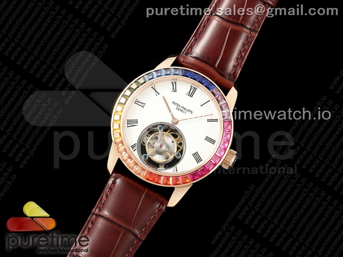 PP Tourbillon RG Rainbow Bezel RMSF Edition White Dial on Brown Leather Strap