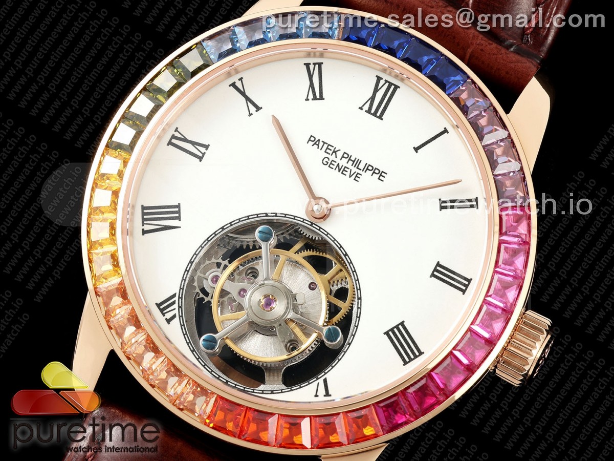 PP Tourbillon RG Rainbow Bezel RMSF Edition White Dial on Brown Leather Strap