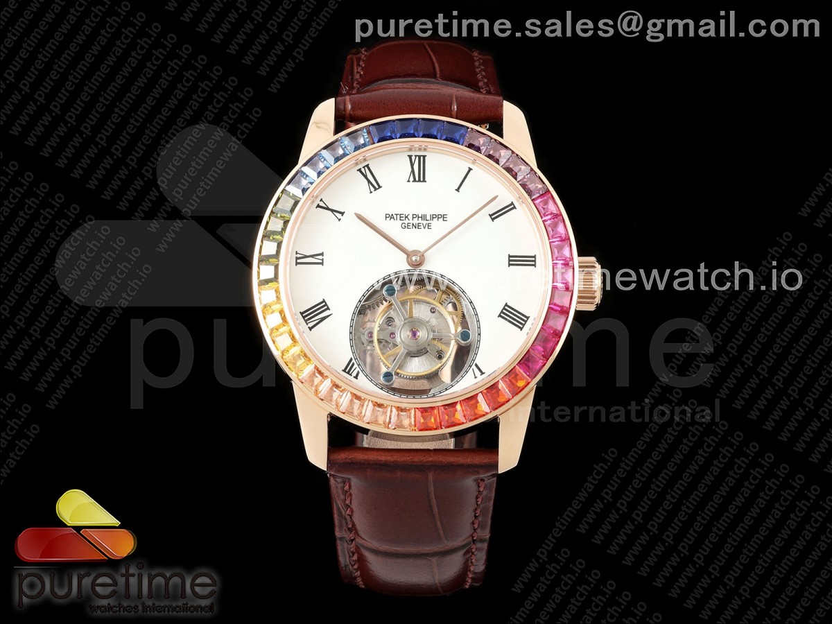 PP Tourbillon RG Rainbow Bezel RMSF Edition White Dial on Brown Leather Strap