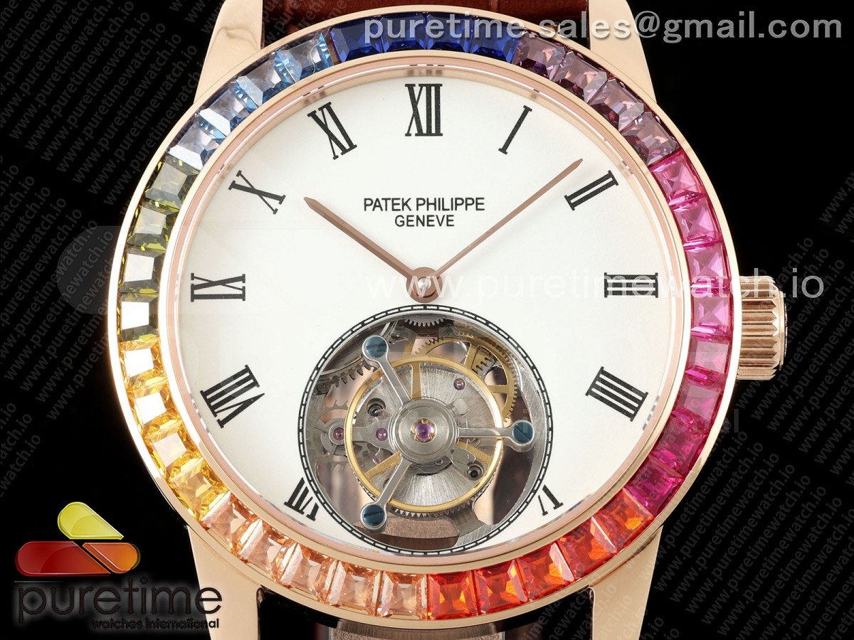 PP Tourbillon RG Rainbow Bezel RMSF Edition White Dial on Brown Leather Strap