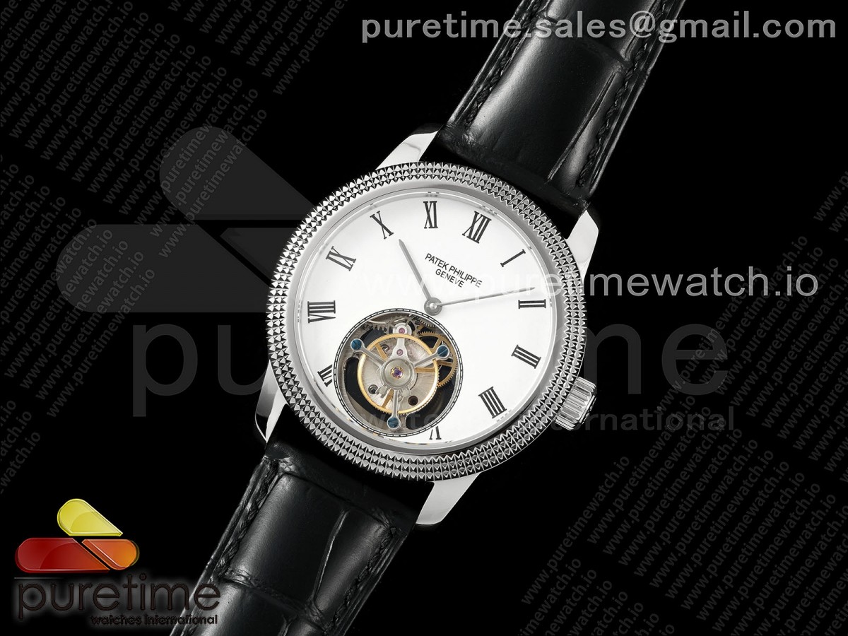 PP Tourbillon SS Texuted Bezel RMSF Edition White Dial on Black Leather Strap