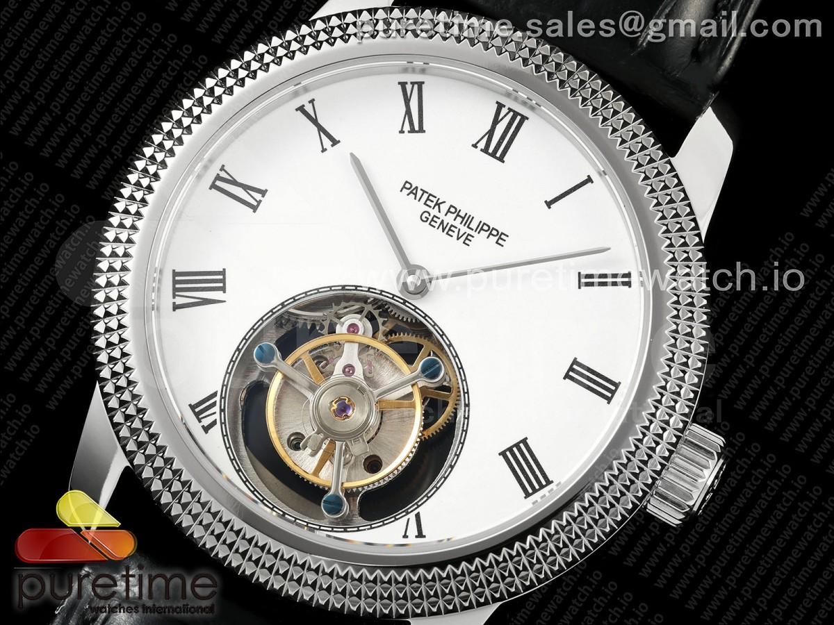 PP Tourbillon SS Texuted Bezel RMSF Edition White Dial on Black Leather Strap